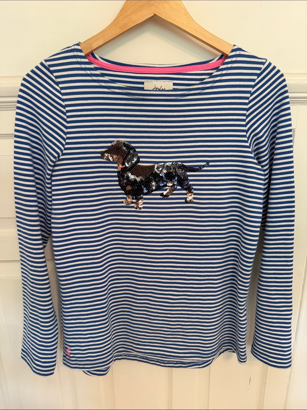 Joules Blue & White Striped Long-Sleeve Top with Sequin Dachshund